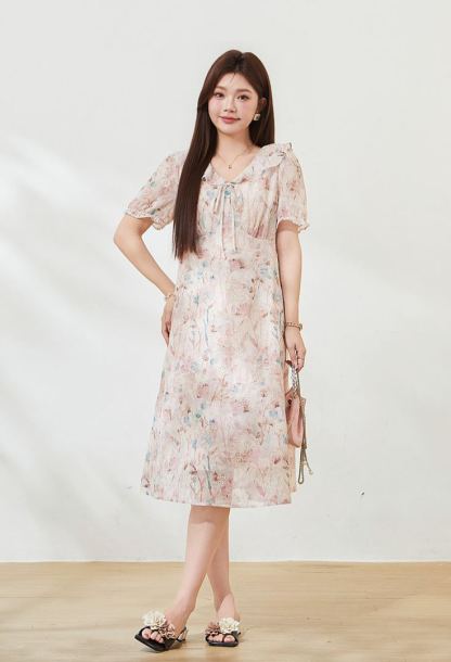 Plus Size V Neck Floral Waist Cinched Slimming Dress FXQ7530