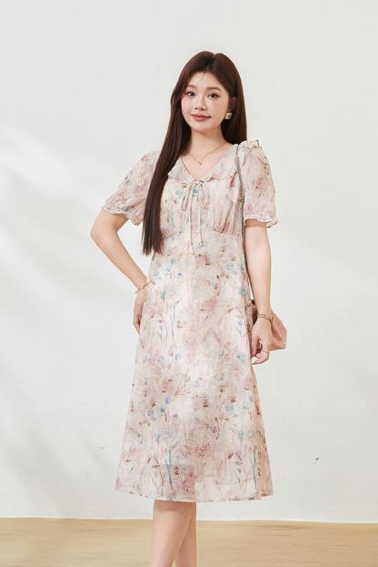 Plus Size V Neck Floral Waist Cinched Slimming Dress FXQ7530
