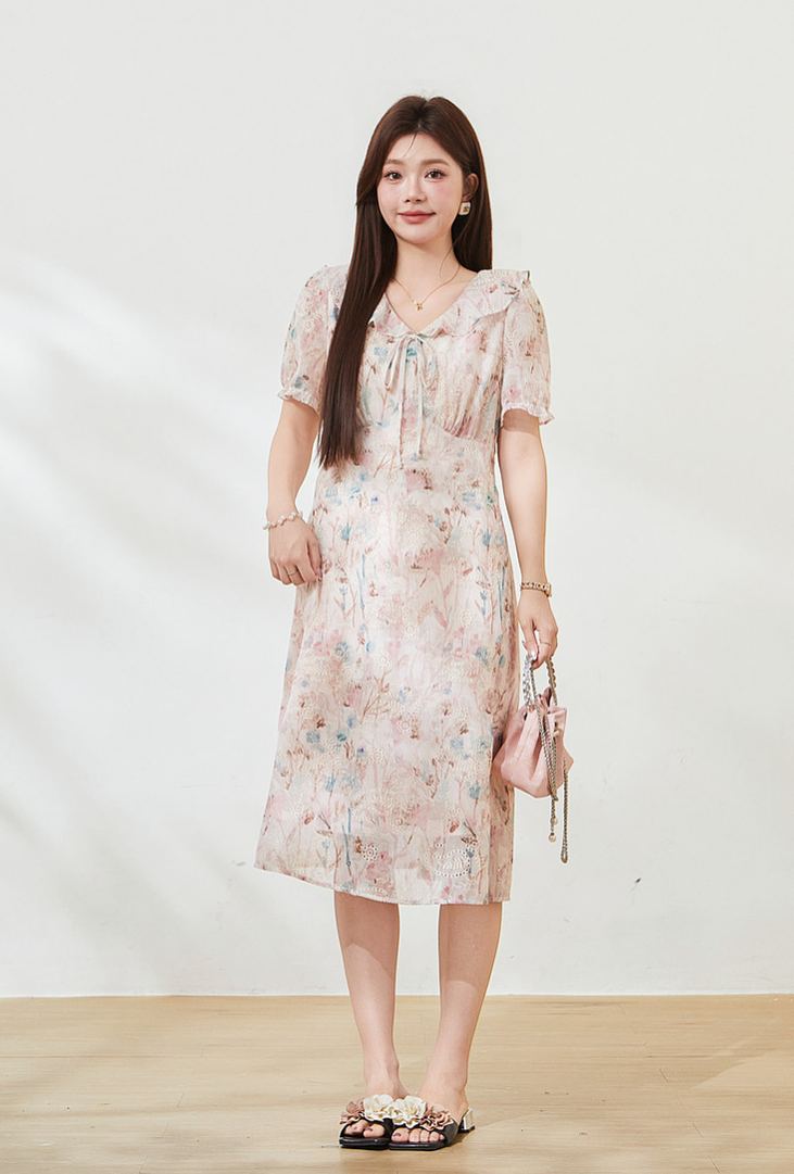 Plus Size V Neck Floral Waist Cinched Slimming Dress FXQ7530