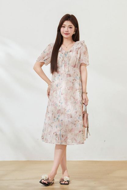 Plus Size V Neck Floral Waist Cinched Slimming Dress FXQ7530