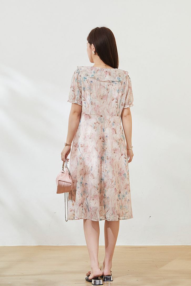 Plus Size V Neck Floral Waist Cinched Slimming Dress FXQ7530