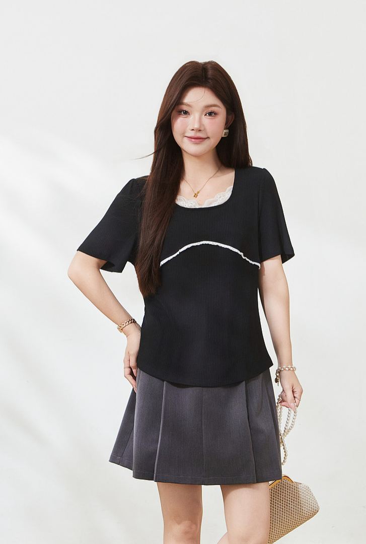 Plus Size Square Neck Knit T-shirt Top for Curvy Women FXZ7172