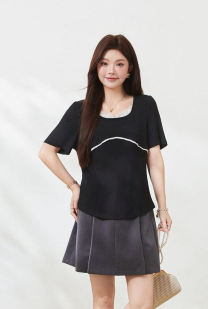Plus Size Square Neck Knit T-shirt Top for Curvy Women FXZ7172