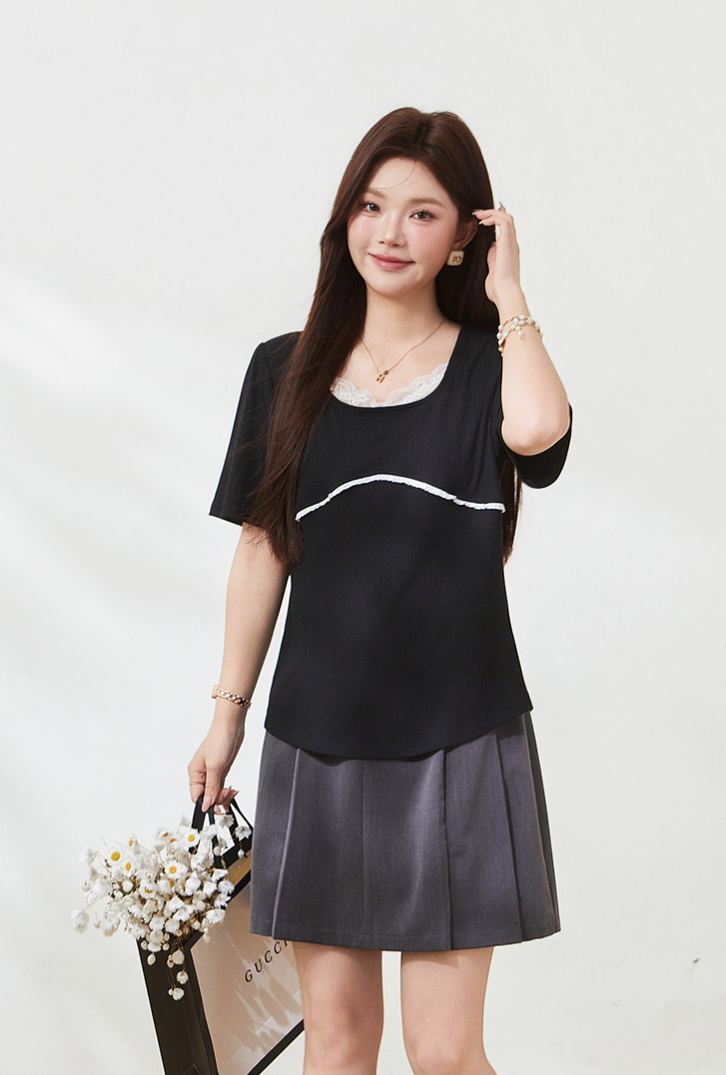 Plus Size Square Neck Knit T-shirt Top for Curvy Women FXZ7172