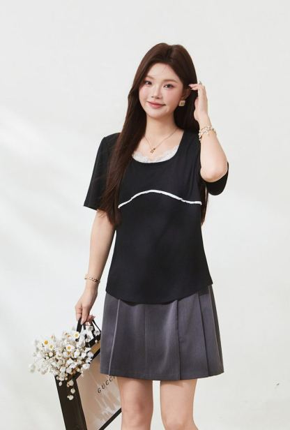 Plus Size Square Neck Knit T-shirt Top for Curvy Women FXZ7172