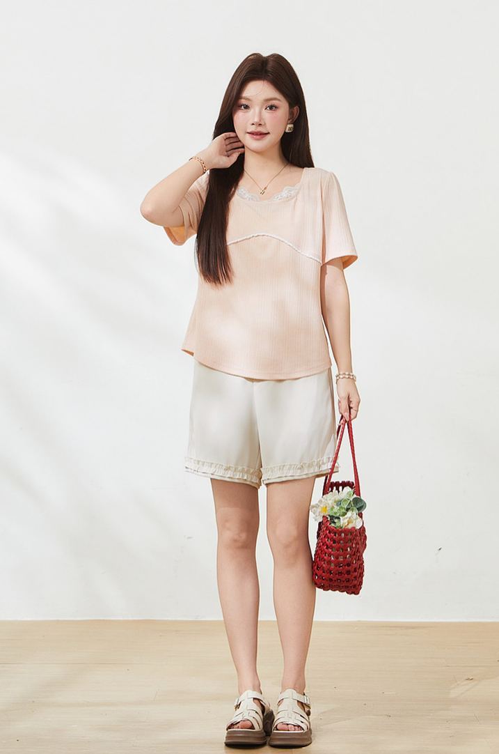 Plus Size Square Neck Knit T-shirt Top for Curvy Women FXZ7172