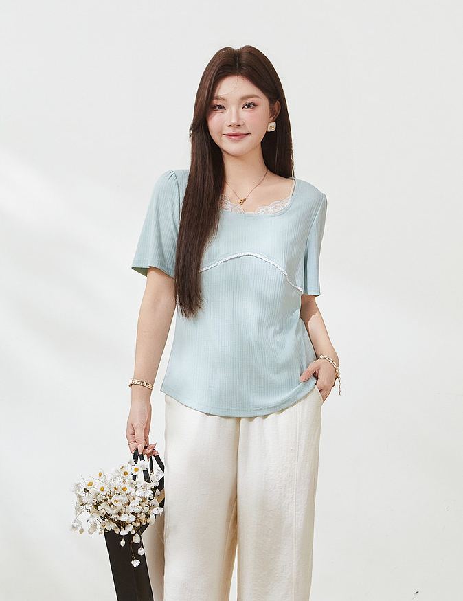 Plus Size Square Neck Knit T-shirt Top for Curvy Women FXZ7172