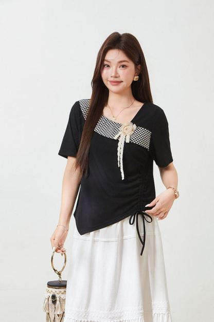 Plus Size Slimming Plaid T-Shirt for Curvy Women FXZ7172010