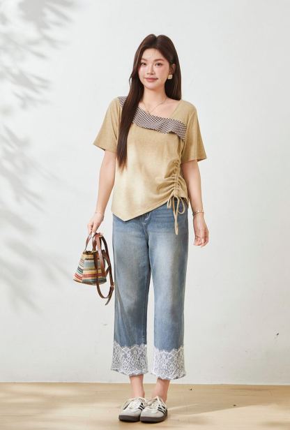 Plus Size Slimming Plaid T-Shirt for Curvy Women FXZ7172010