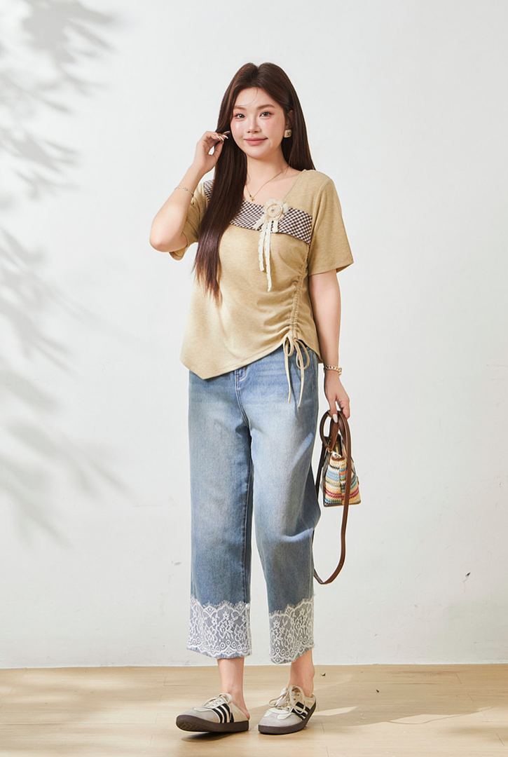Plus Size Slimming Plaid T-Shirt for Curvy Women FXZ7172010