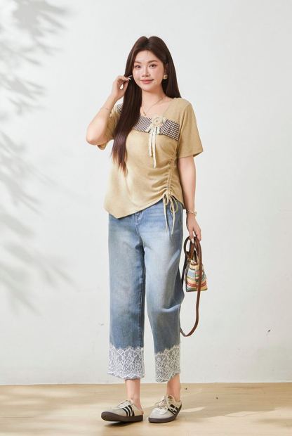 Plus Size Slimming Plaid T-Shirt for Curvy Women FXZ7172010