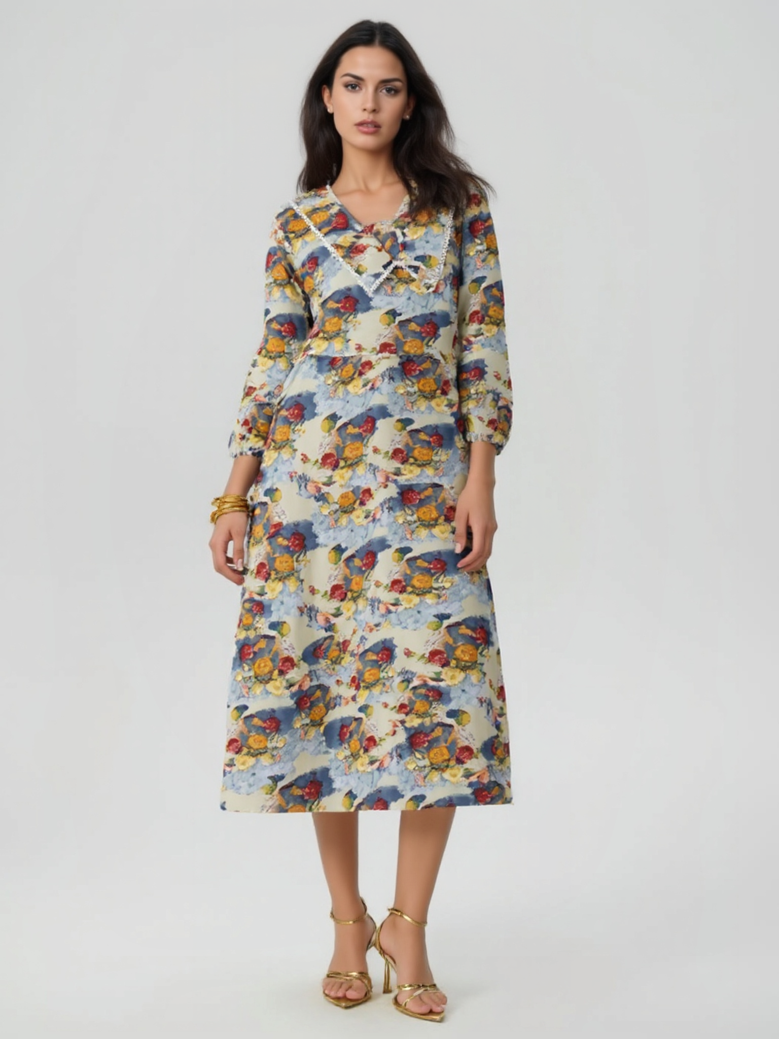 V-neck Puff Sleeve Floral Dress DDQ1999