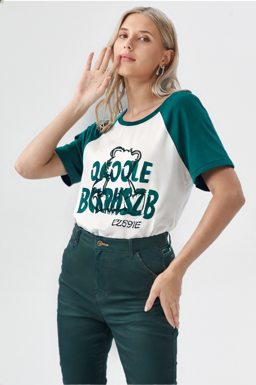 Loose Contrast Color Raglan Printed T-shirt Dxz1265