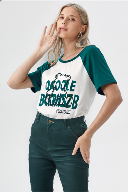 Loose Contrast Color Raglan Printed T-shirt Dxz1265