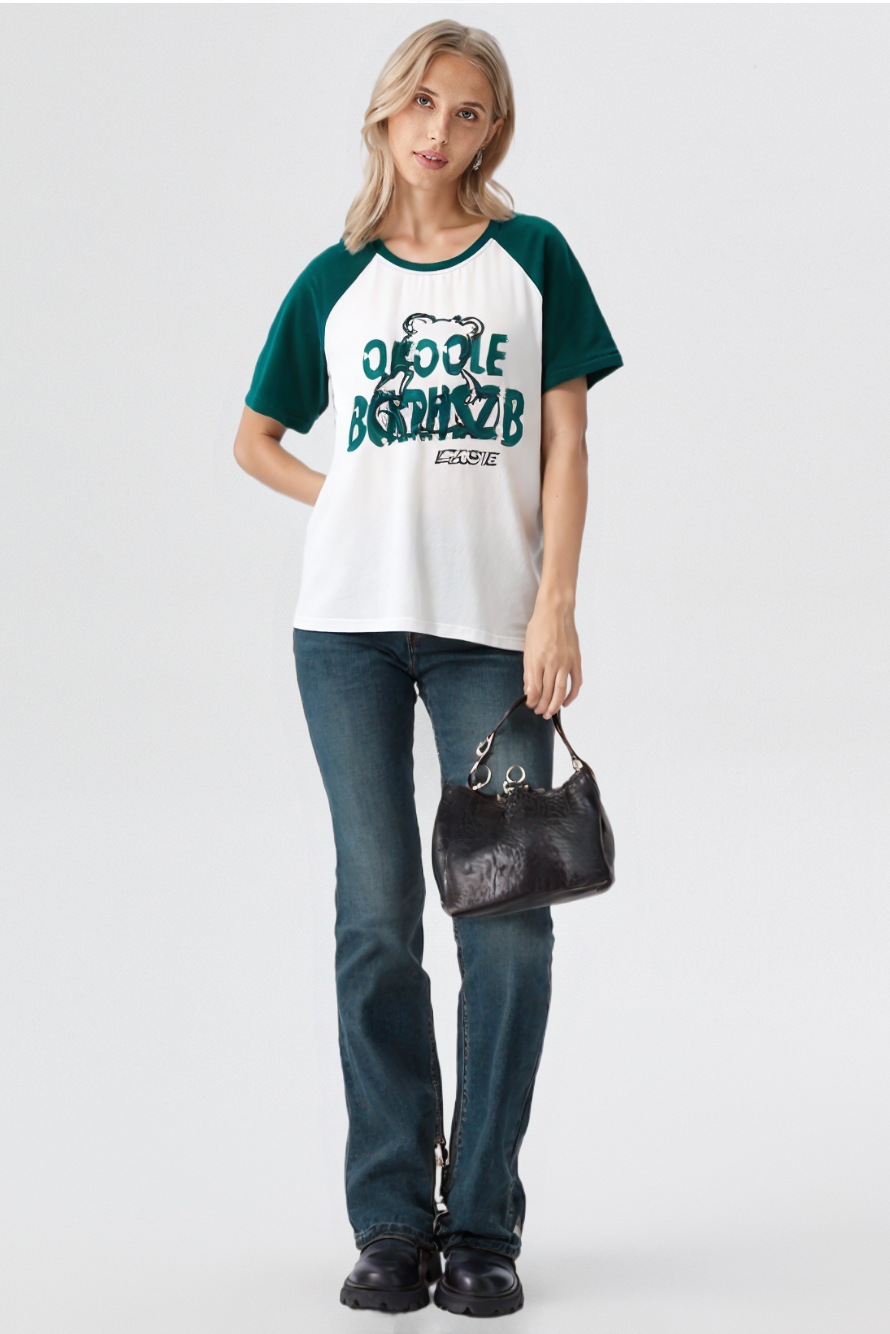 Loose Contrast Color Raglan Printed T-shirt Dxz1265