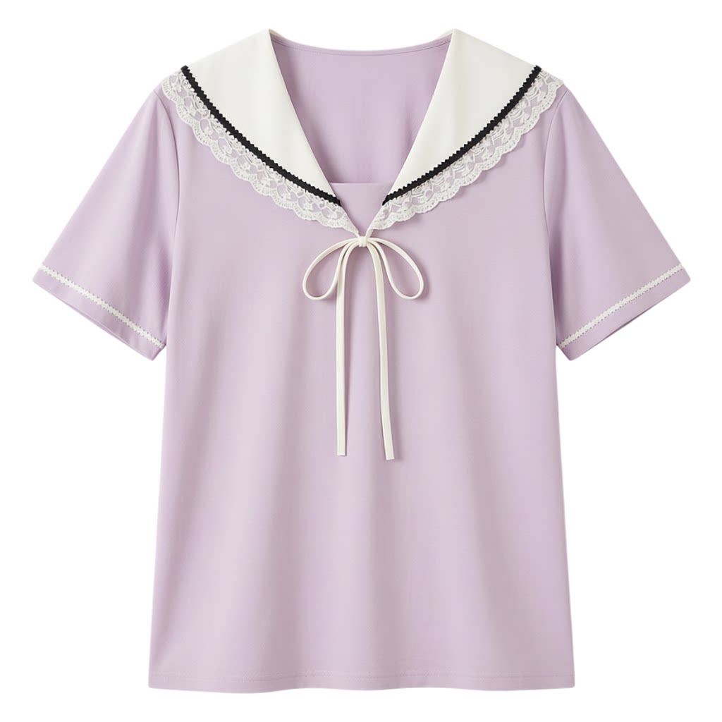 Lace Age Reducing Navy Collar Cross Color T-shirt FXA8023