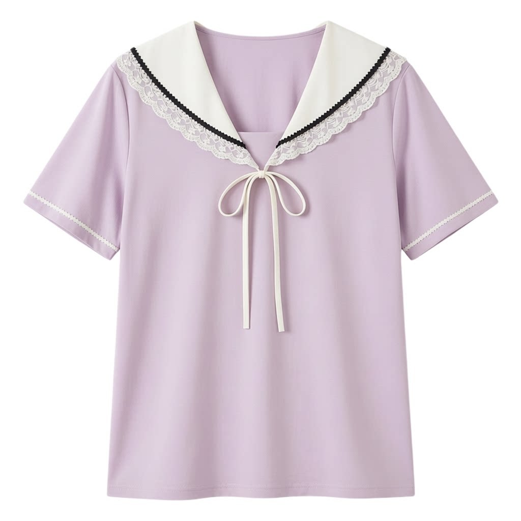 Lace Age Reducing Navy Collar Cross Color T-shirt FXA8023