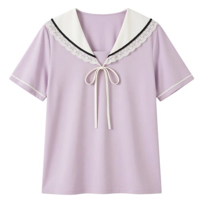 Lace Age Reducing Navy Collar Cross Color T-shirt FXA8023