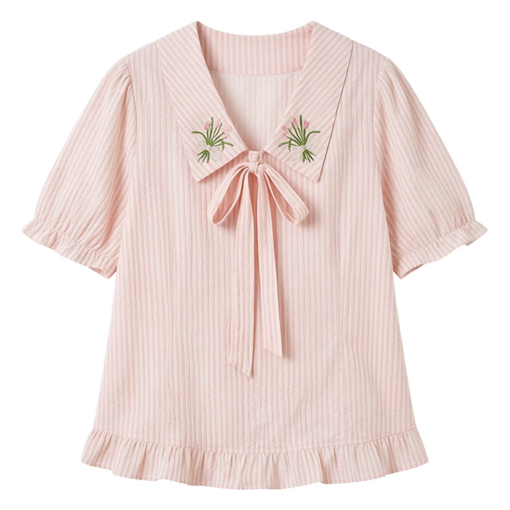 Bubble sleeve striped embroidered slim fit shirt FXA8059