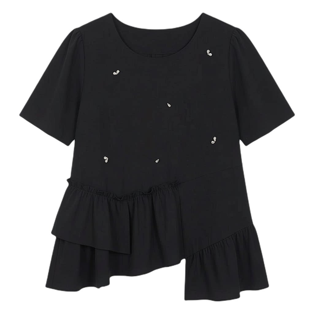 Round neck nail bead ruffle irregular top FXA7078