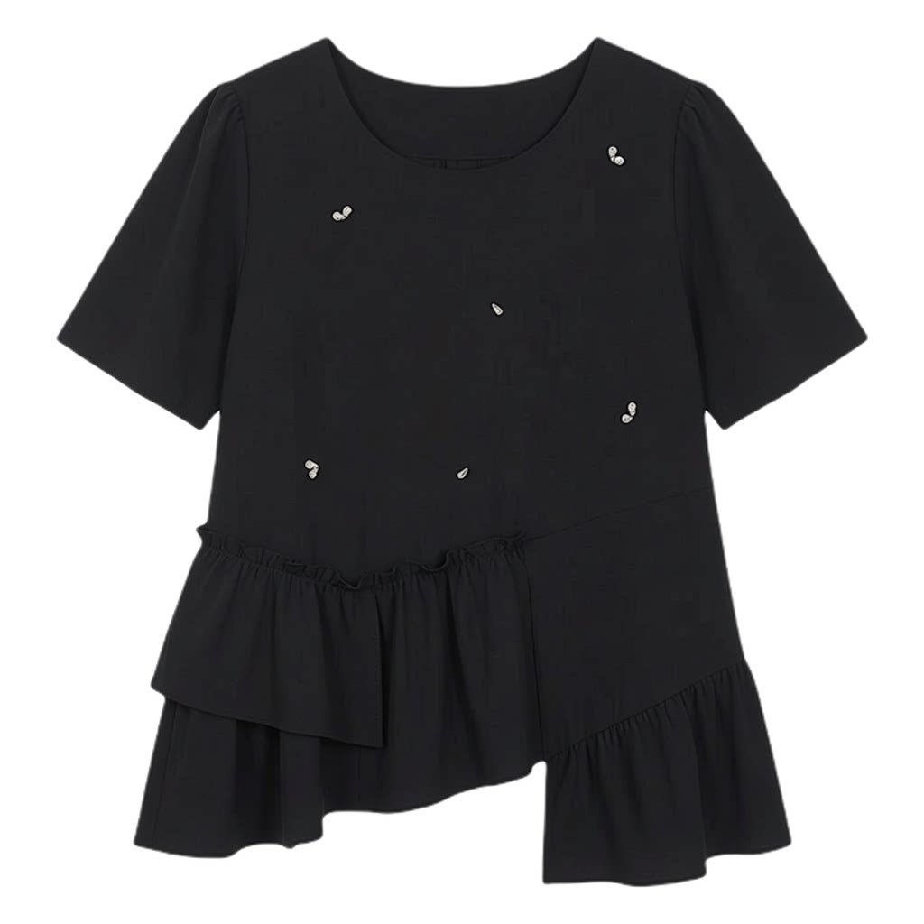 Round neck nail bead ruffle irregular top FXA7078