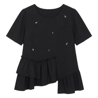 Round neck nail bead ruffle irregular top FXA7078