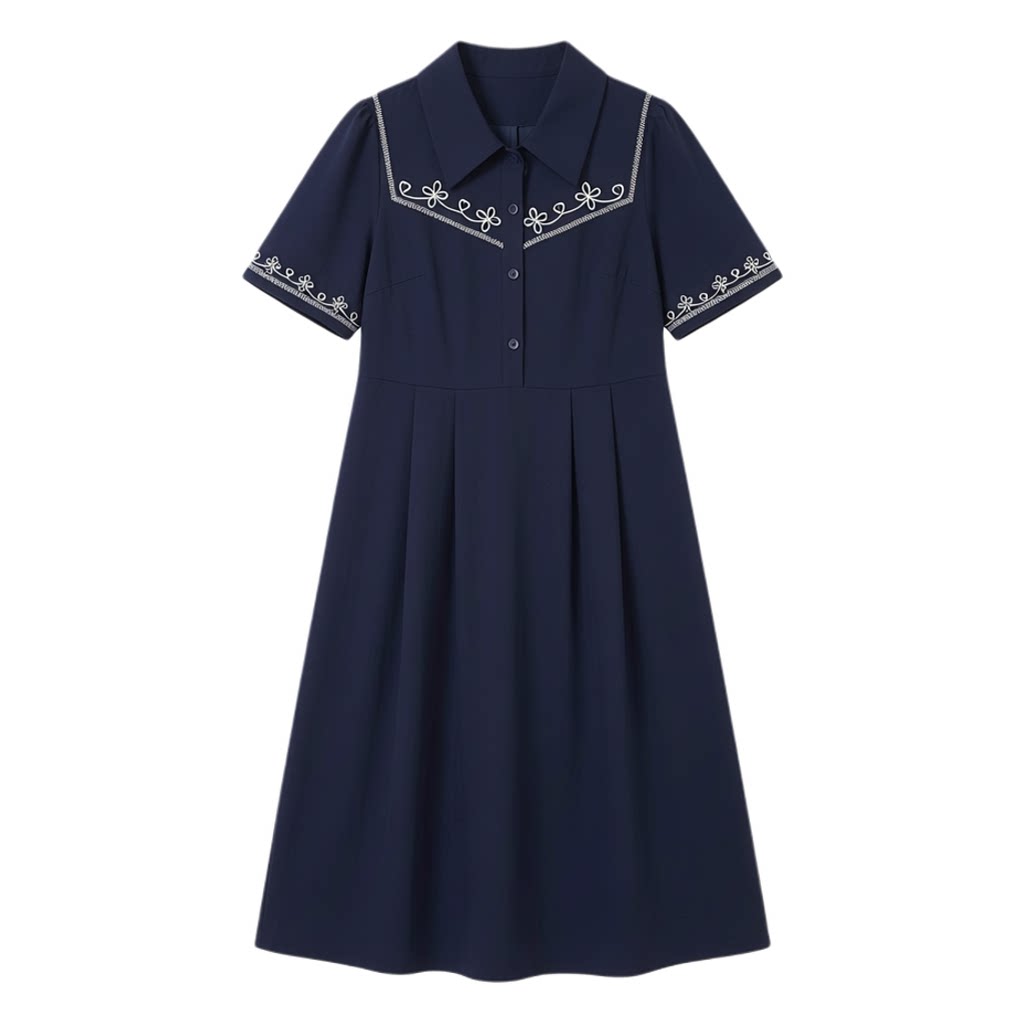 Retro embroidered waist cinching slimming shirt dress FXQ8036