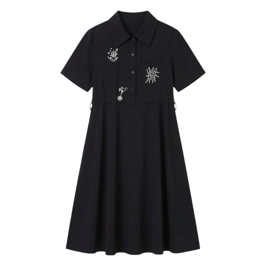 Collar sleeves rolled up, waist cinched, embroidered dress FXQ7075