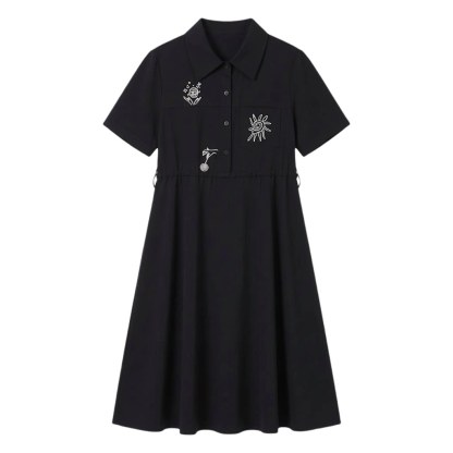 Collar sleeves rolled up, waist cinched, embroidered dress FXQ7075
