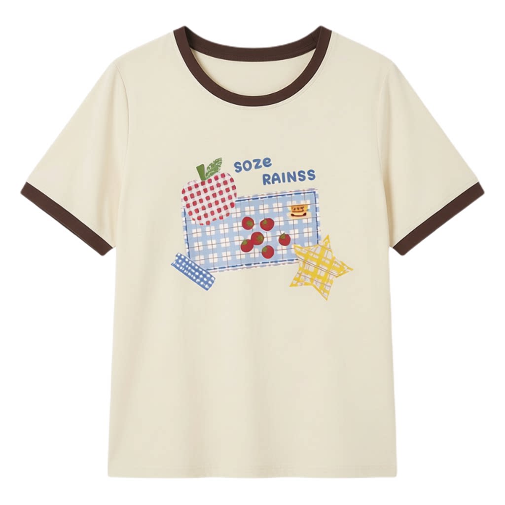 Fun Printed Color blocked Collar Waist T-shirt FXZ7083