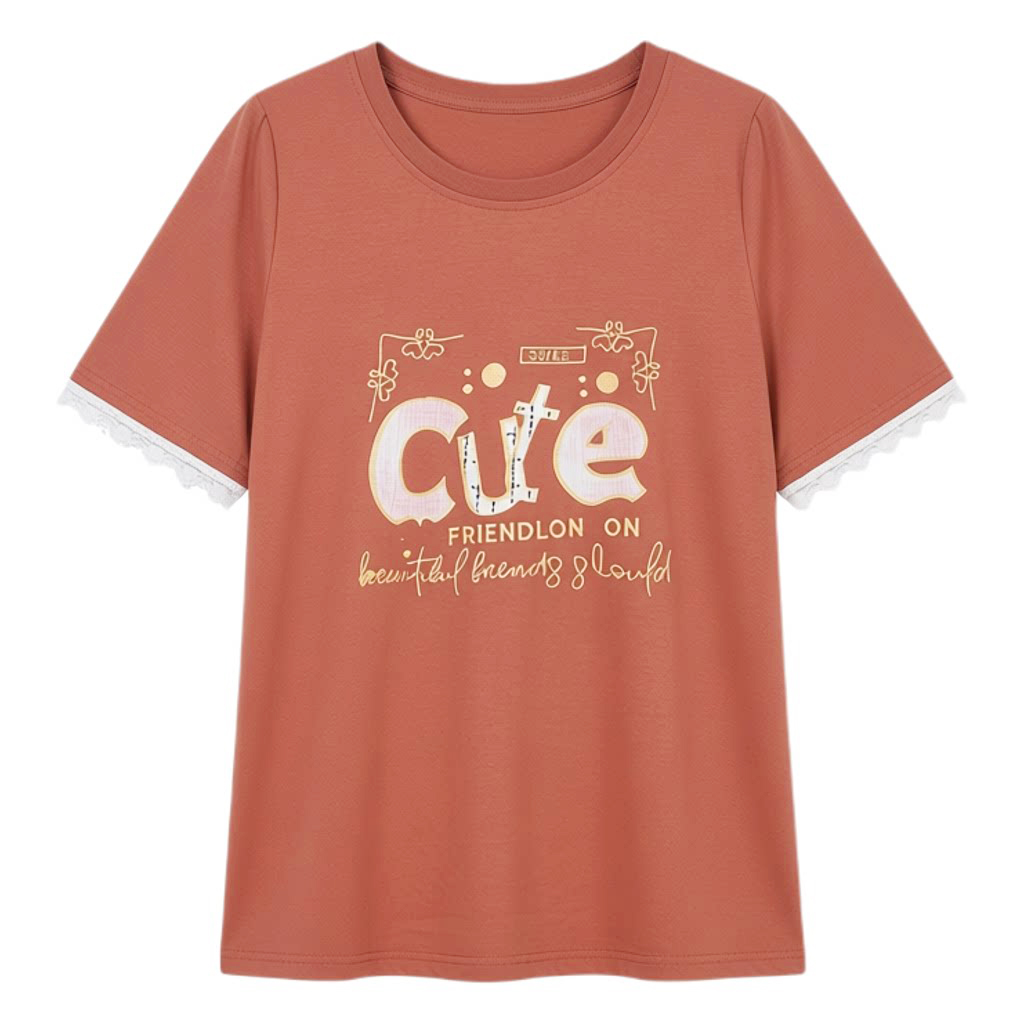 Round neck letter printed lace ruffle sleeve T-shirt FXZ8087