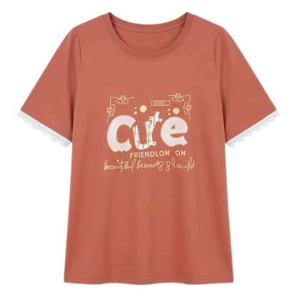 Round neck letter printed lace ruffle sleeve T-shirt FXZ8087