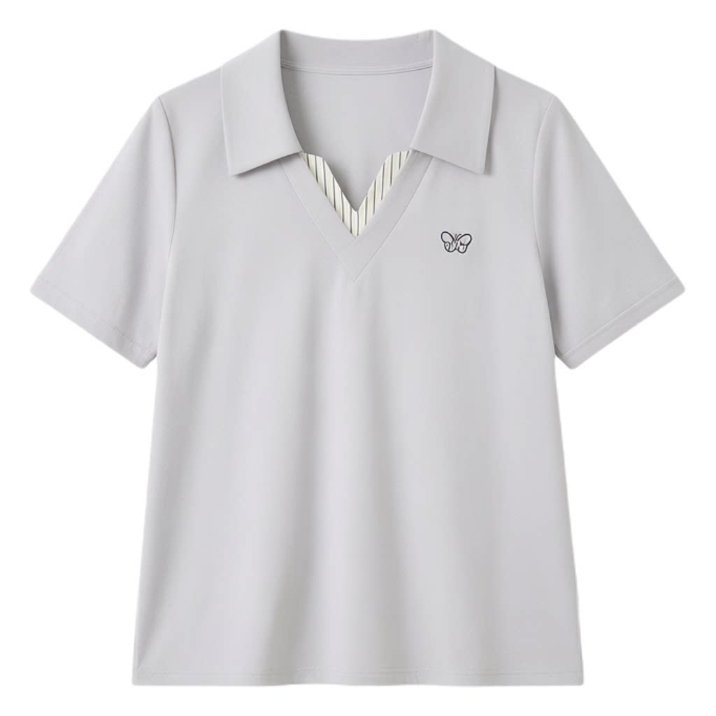 POLO collar embroidered striped V-neck T-shirt FXZ8077