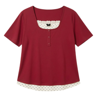 Color blocking splicing fake two-piece waist cinching T-shirt FXZ8075
