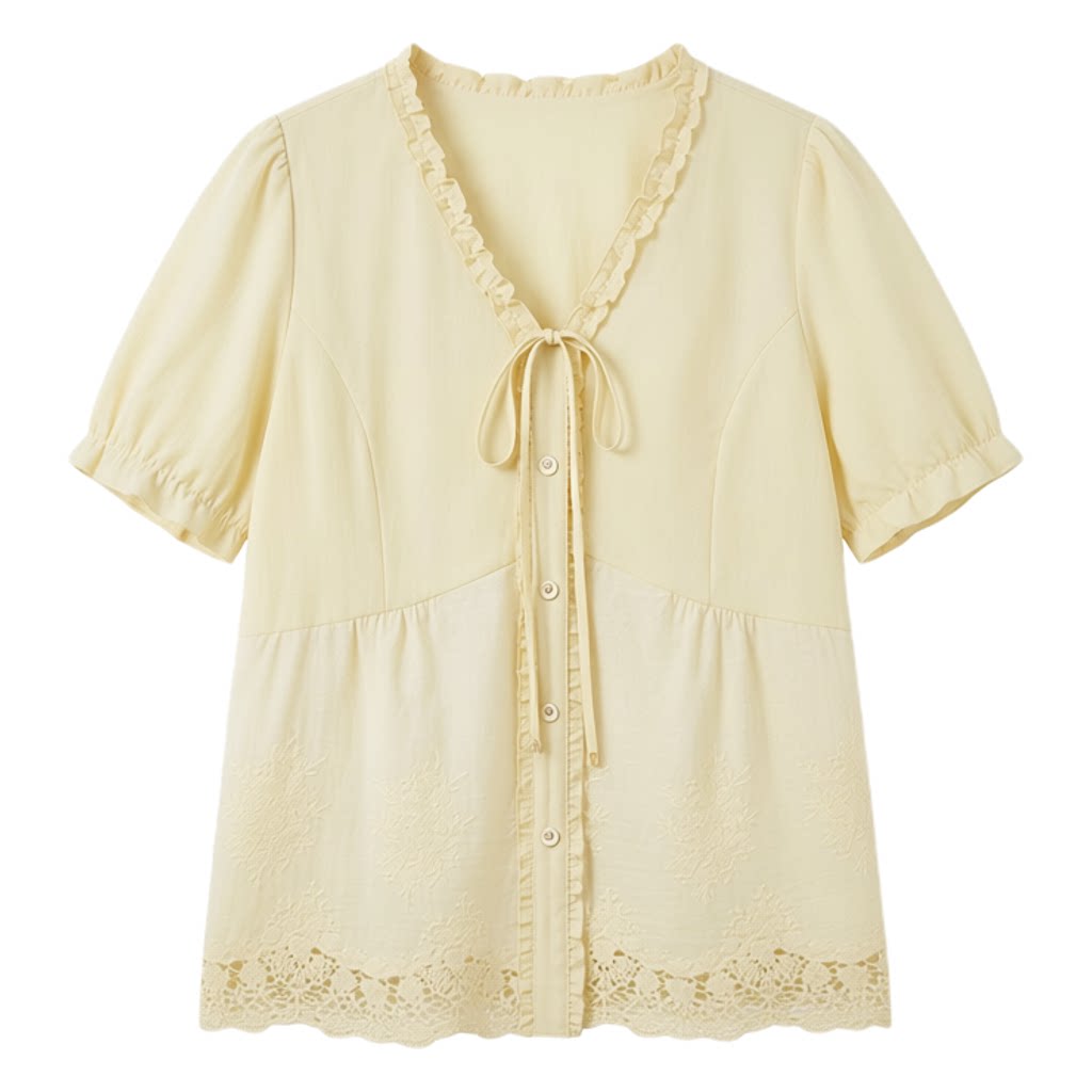 Sweet mushroom edge tied V-neck hollow embroidery shirt FXA9015