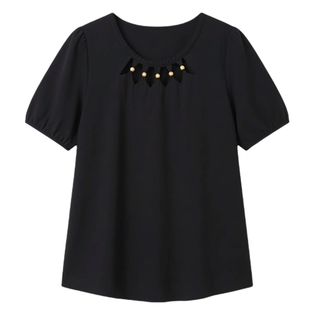 Hollow out round neck woven bubble sleeve shirt FXA8088