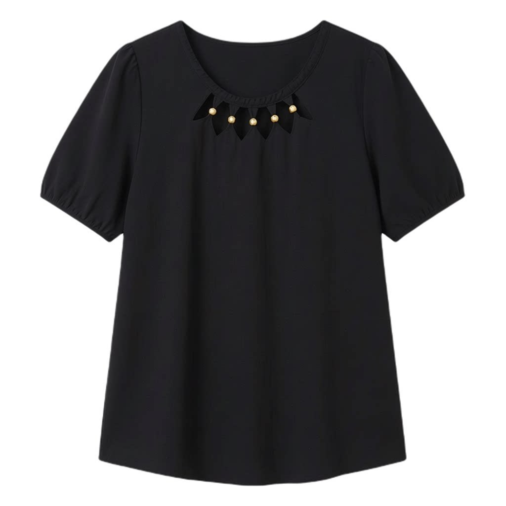 Hollow out round neck woven bubble sleeve shirt FXA8088