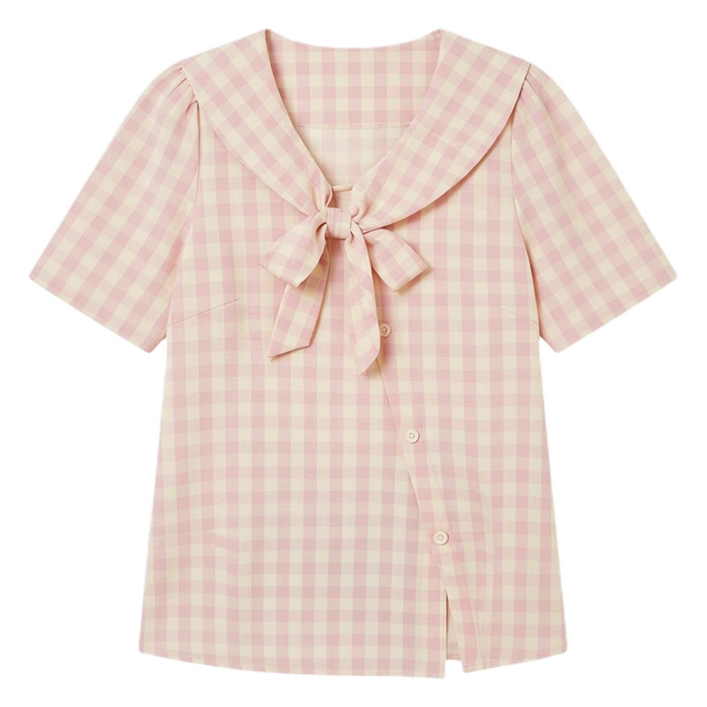 Bow plaid navy collar sweet shirt FXA9005