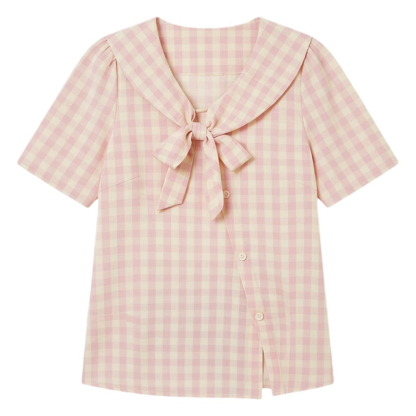 Bow plaid navy collar sweet shirt FXA9005