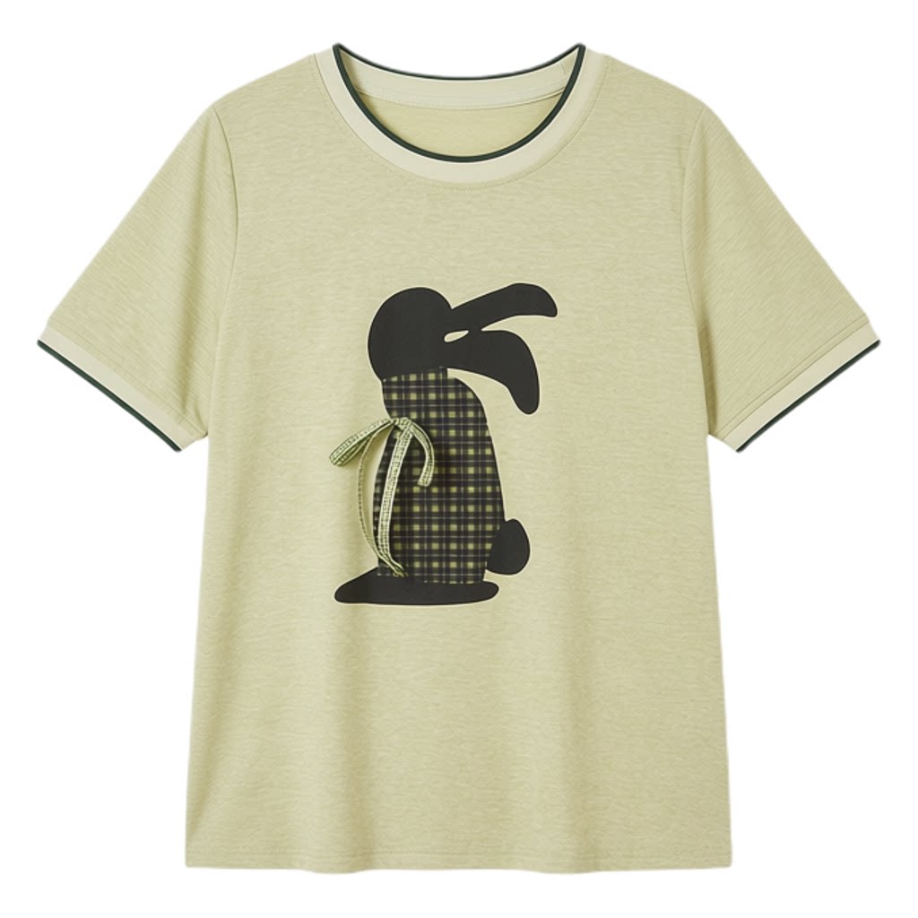 Soft textured contrasting collar rabbit print T-shirt FXZ7088
