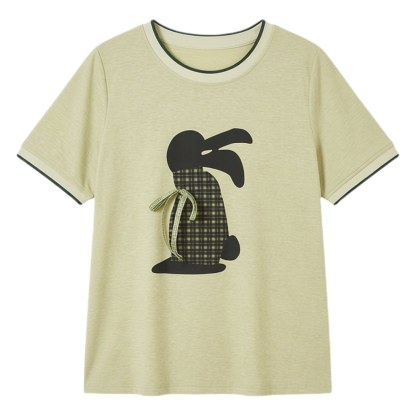 Soft textured contrasting collar rabbit print T-shirt FXZ7088