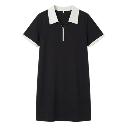 Color blocked POLO collar half zipper slimming dress FXQ7096