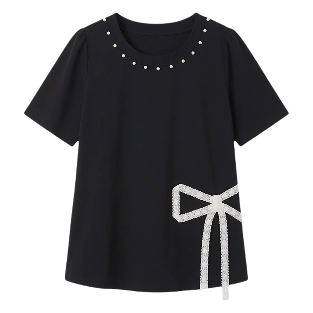 Round neck nail pearl slit temperament T shirt FXZ8060