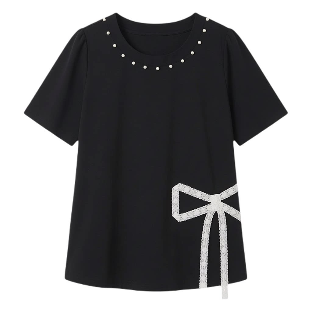 Round neck nail pearl slit temperament T shirt FXZ8060