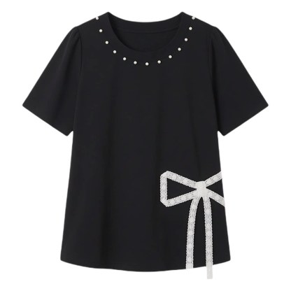 Round neck nail pearl slit temperament T shirt FXZ8060