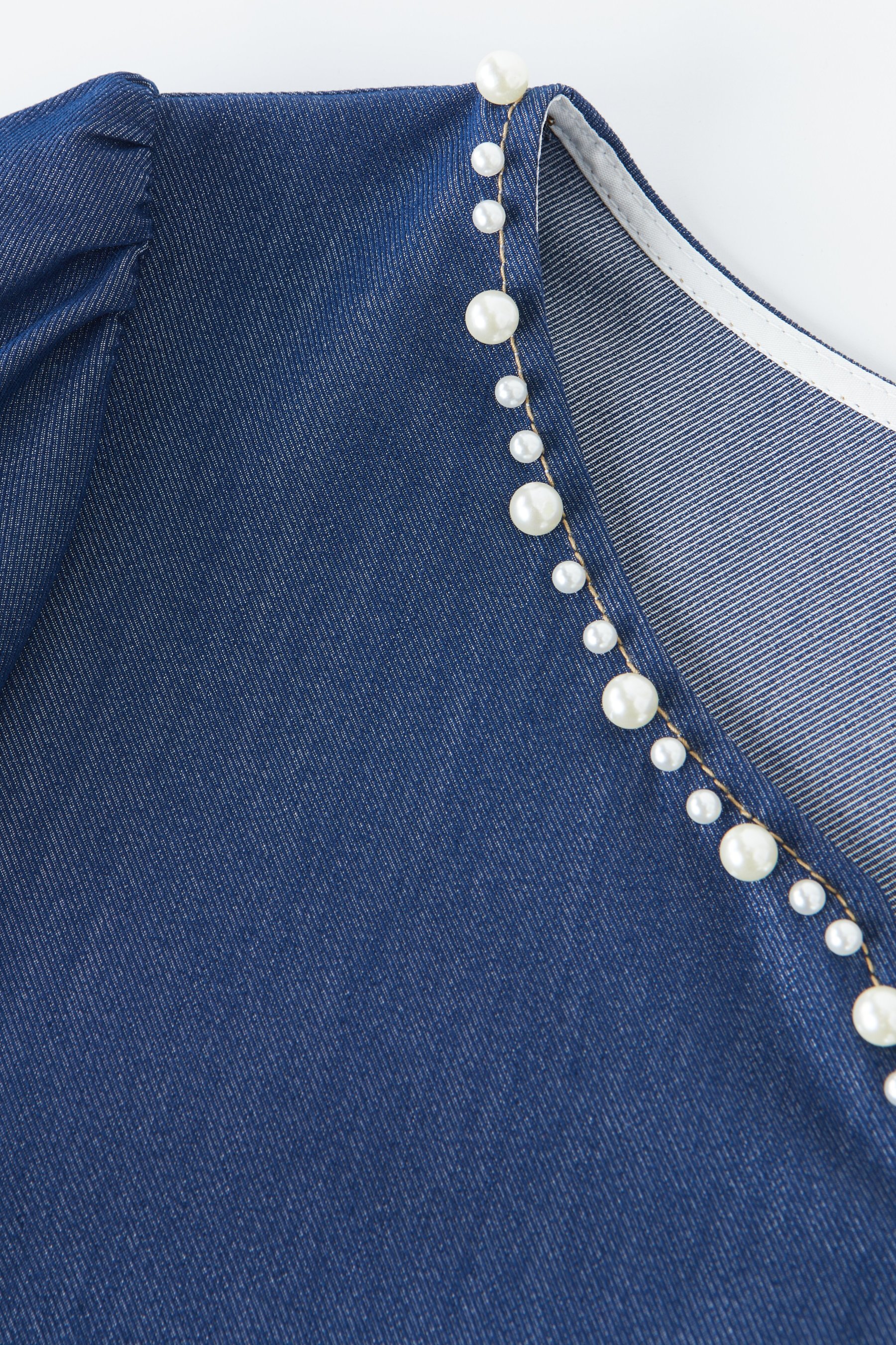 V-neck Heavy Beaded Faux Denim Dress EXQ5381