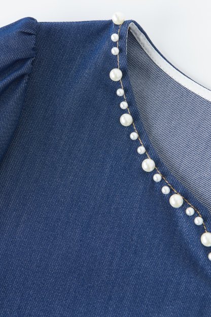 V-neck Heavy Beaded Faux Denim Dress EXQ5381