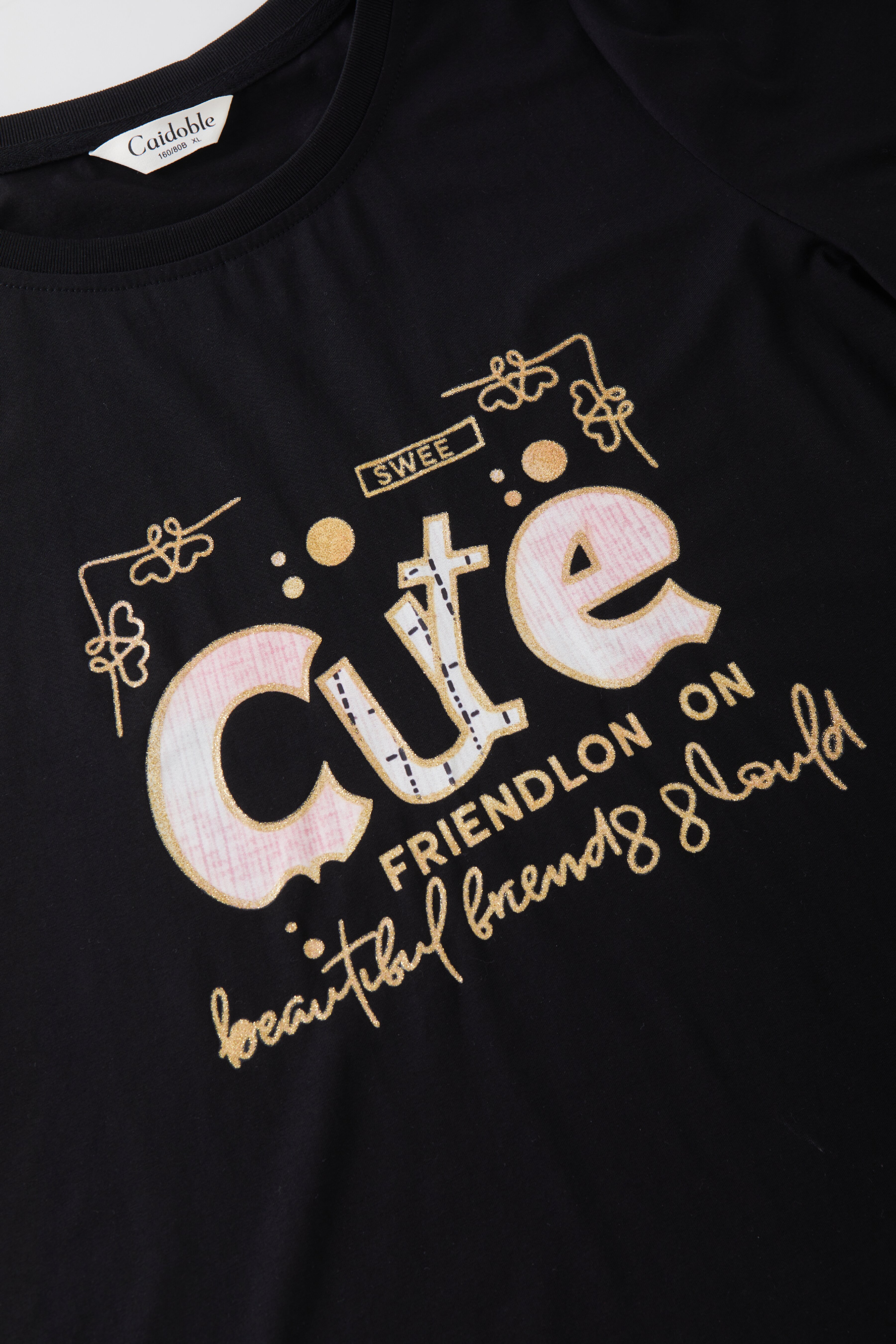 Round neck letter printed lace ruffle sleeve T-shirt FXZ8087