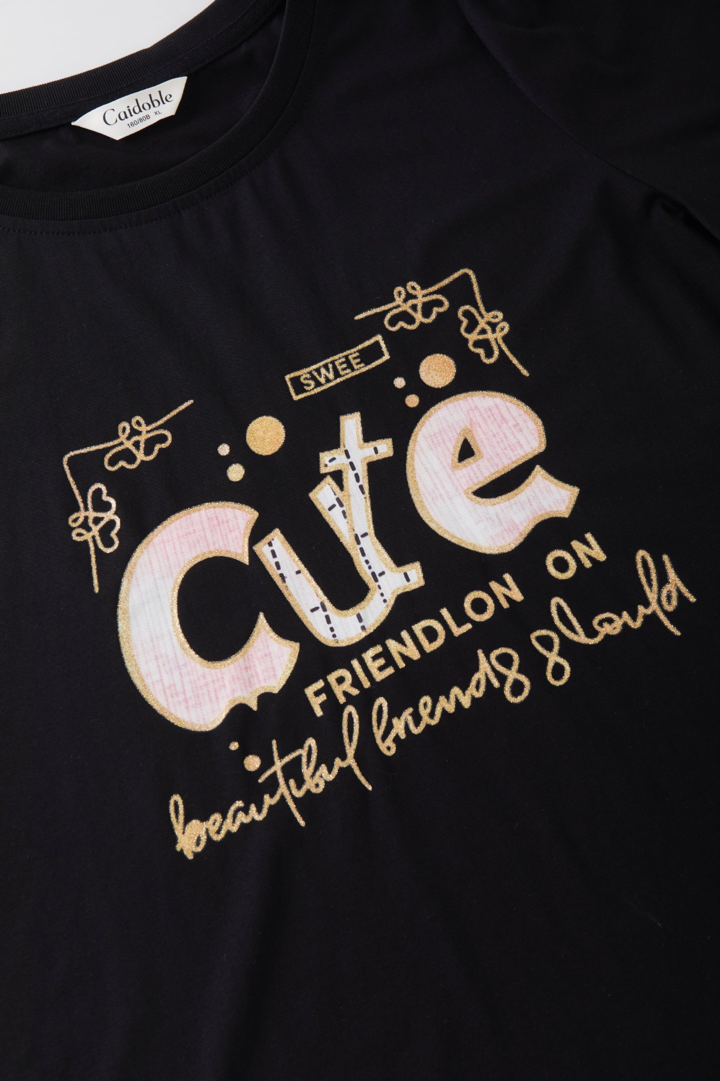 Round neck letter printed lace ruffle sleeve T-shirt FXZ8087