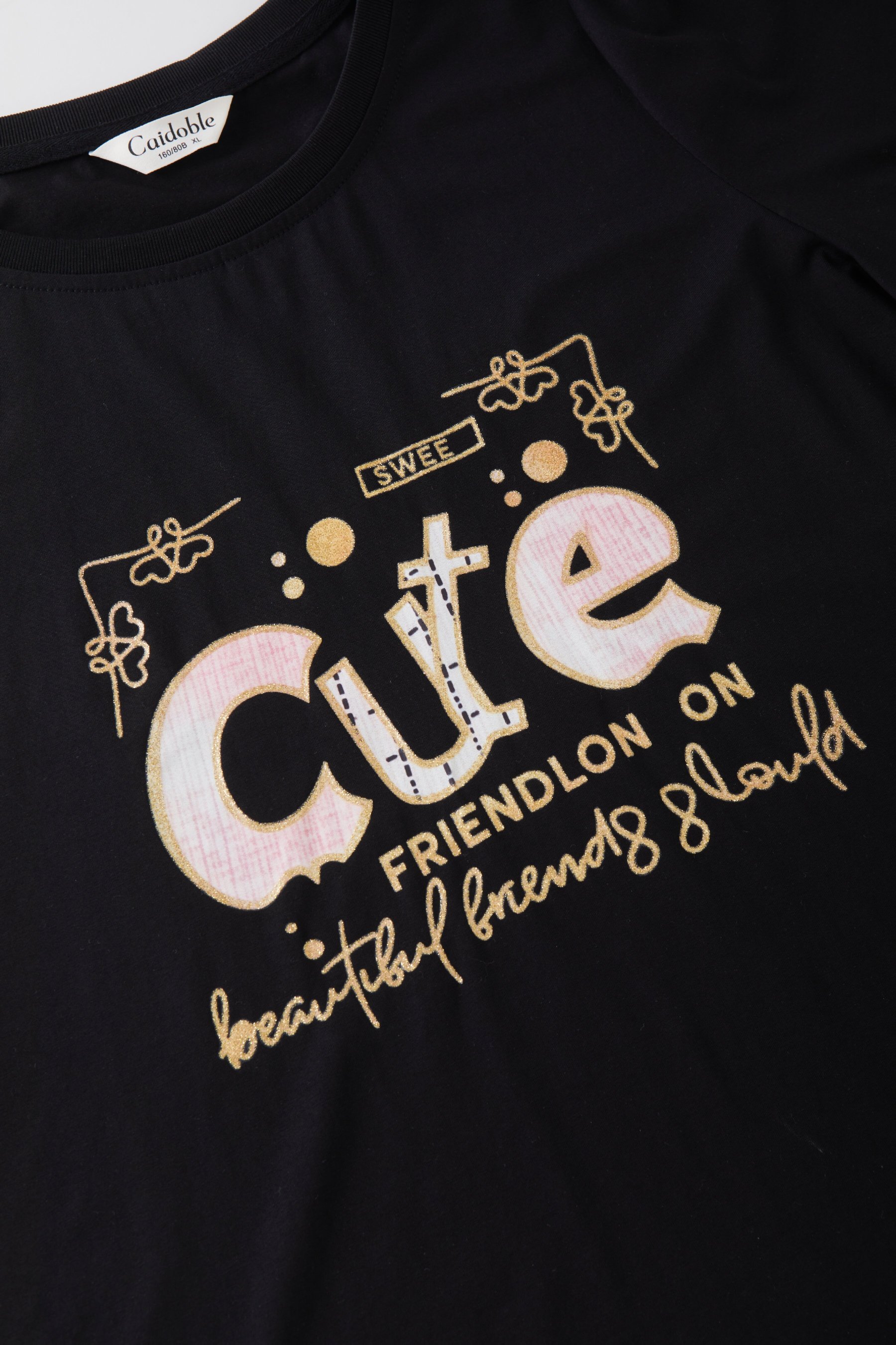 Round neck letter printed lace ruffle sleeve T-shirt FXZ8087